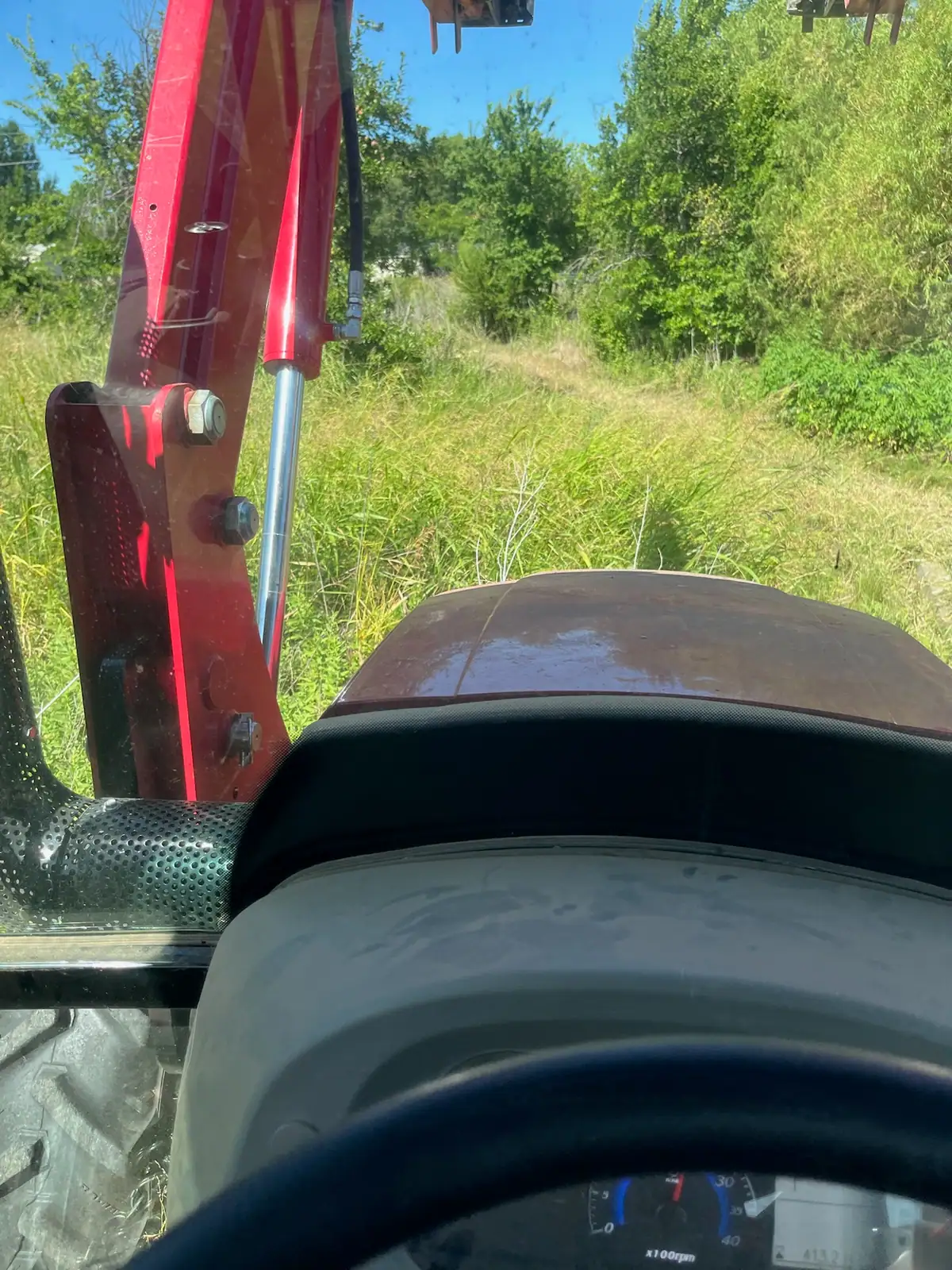 Tall summer grass and weeds before brush hog mowing, seen from the tractor near Granbury, TX